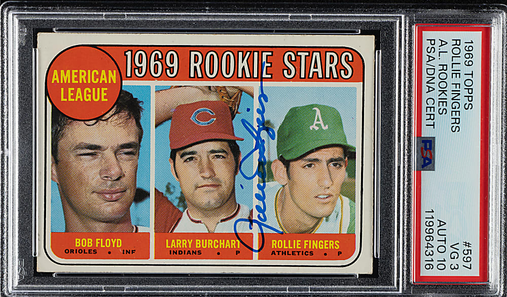 Signed 1969 Topps #597 Rollie Fingers Rookie PSA VG 3 with GEM MINT 10 Signature