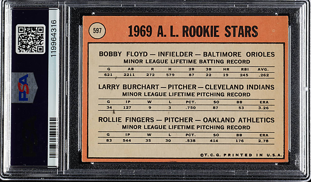 Signed 1969 Topps #597 Rollie Fingers Rookie PSA VG 3 with GEM MINT 10 Signature