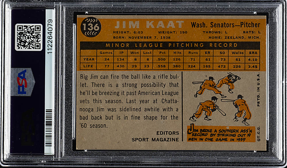 Signed 1960 Topps #136 Jim Kaat Rookie PSA EX 5 with NM-MT 8 Signature