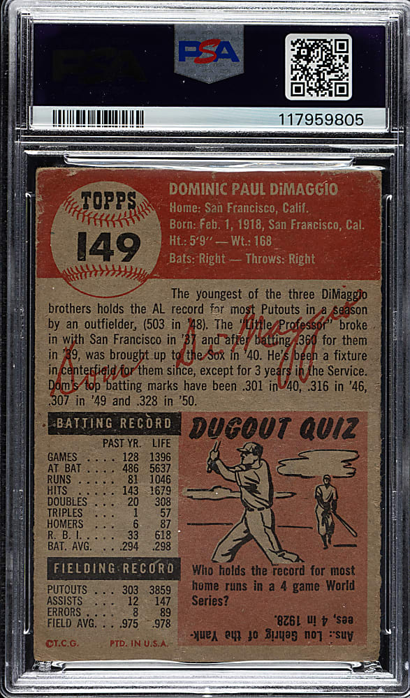 Signed 1953 Topps #149 Dom DiMaggio PSA POOR 1 with GEM MINT 10 Signature