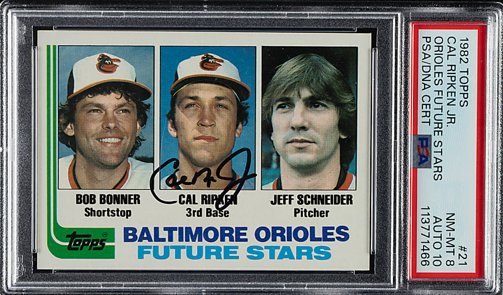 Signed 1982 Topps #21 Cal Ripken Jr. Rookie PSA NM-MT 8 with GEM MINT 10 Signature