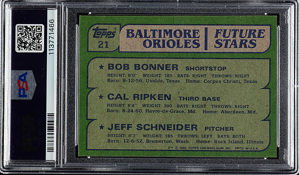 Signed 1982 Topps #21 Cal Ripken Jr. Rookie PSA NM-MT 8 with GEM MINT 10 Signature