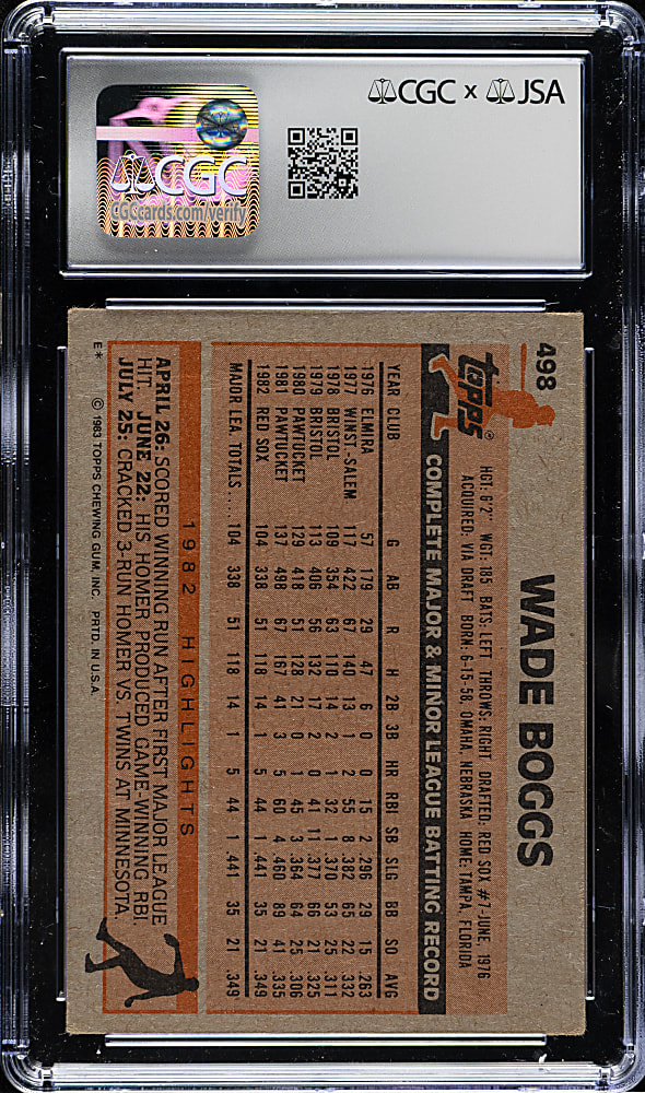 Signed 1983 Topps #498 Wade Boggs Rookie CGC/JSA GEM MINT 10 Signature