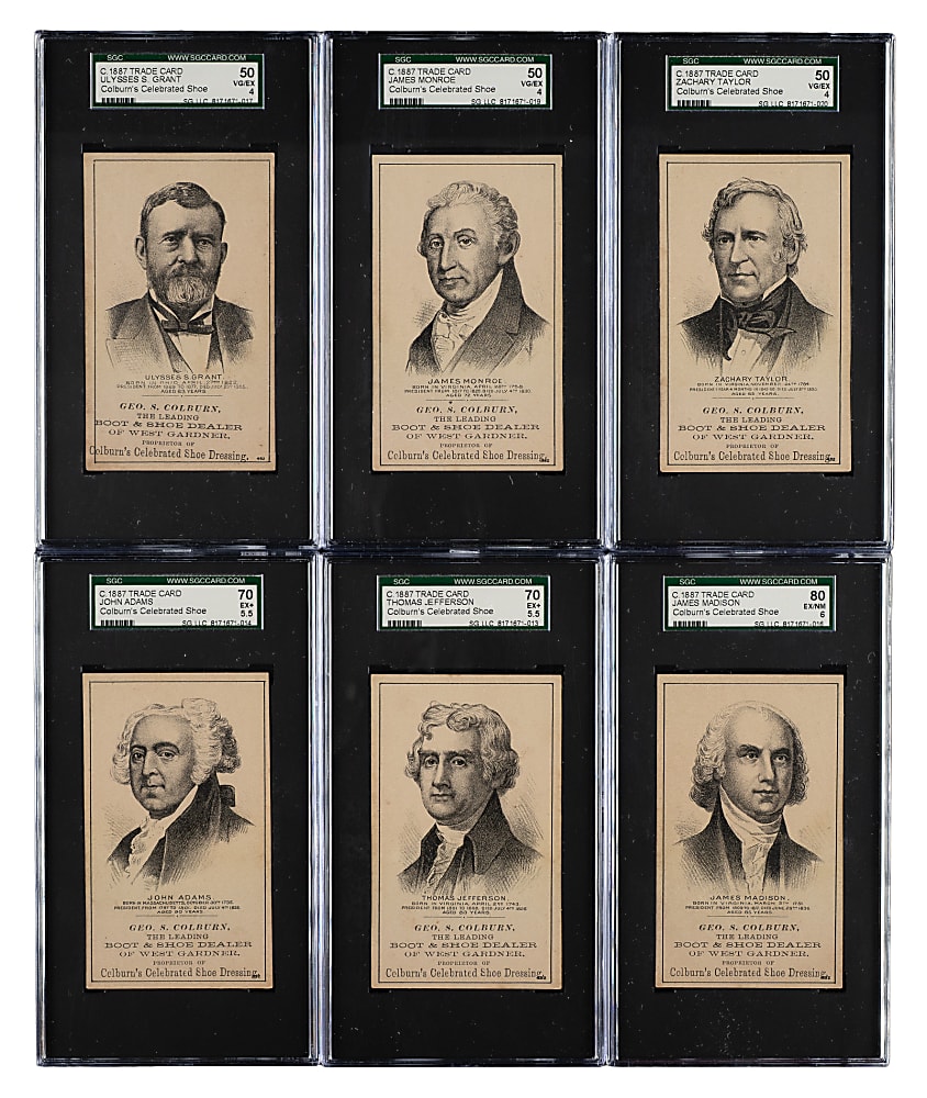 Circa 1887 Colburn's Celebrated Shoe Trade Card SGC-Graded Collection (6) Including Thomas Jefferson and Ulysses S. Grant