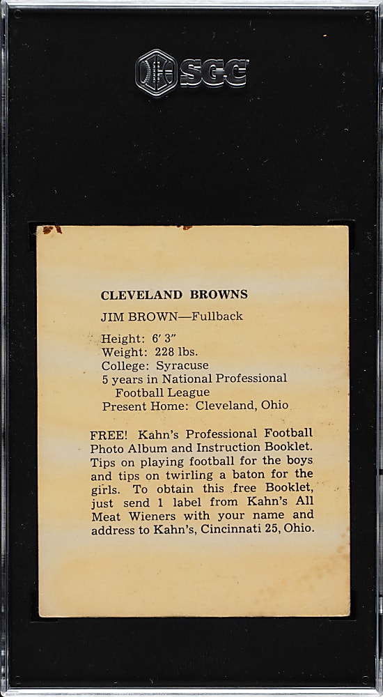 1961 Kahn's Wieners Football Jim Brown SGC VG 3
