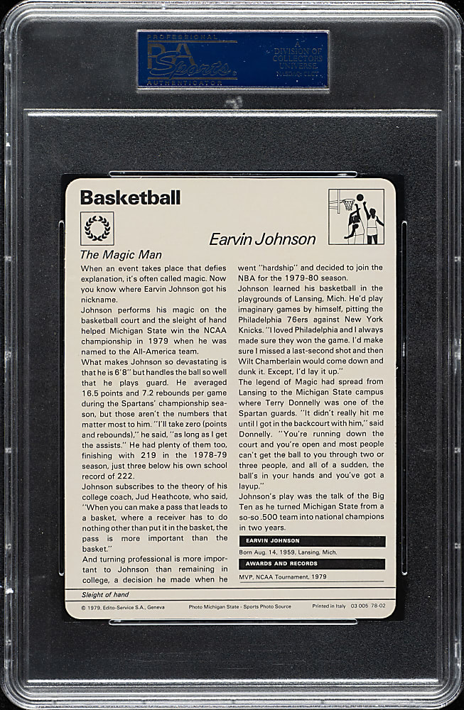 1977-1979 Sportscaster Italy Basketball #78-02 Magic Johnson Rookie PSA NM 7