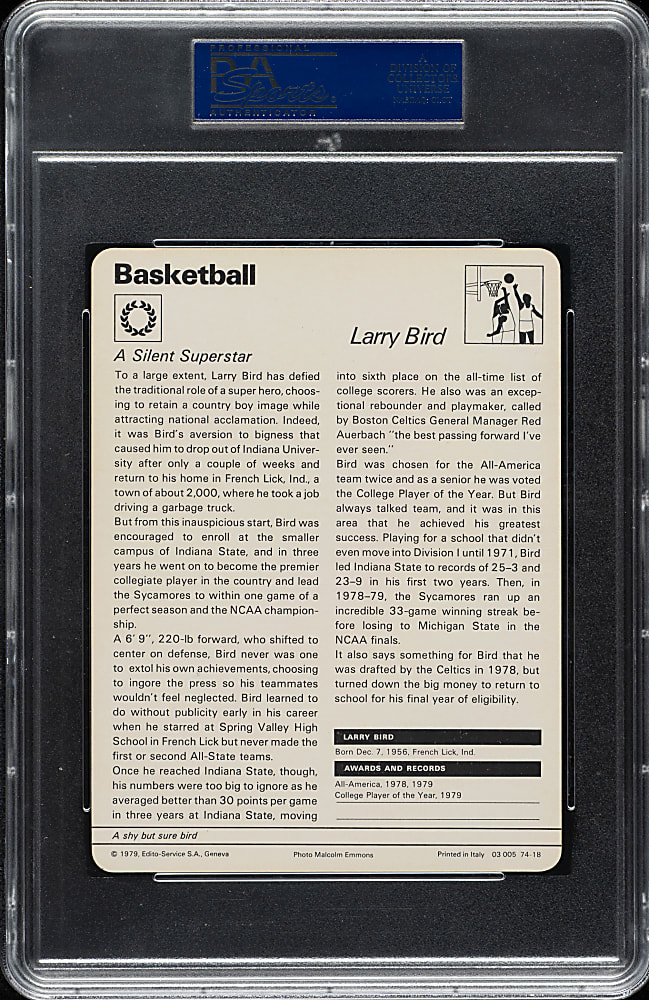1977-1979 Sportscaster Italy Basketball #74-18 Larry Bird Rookie PSA MINT 9
