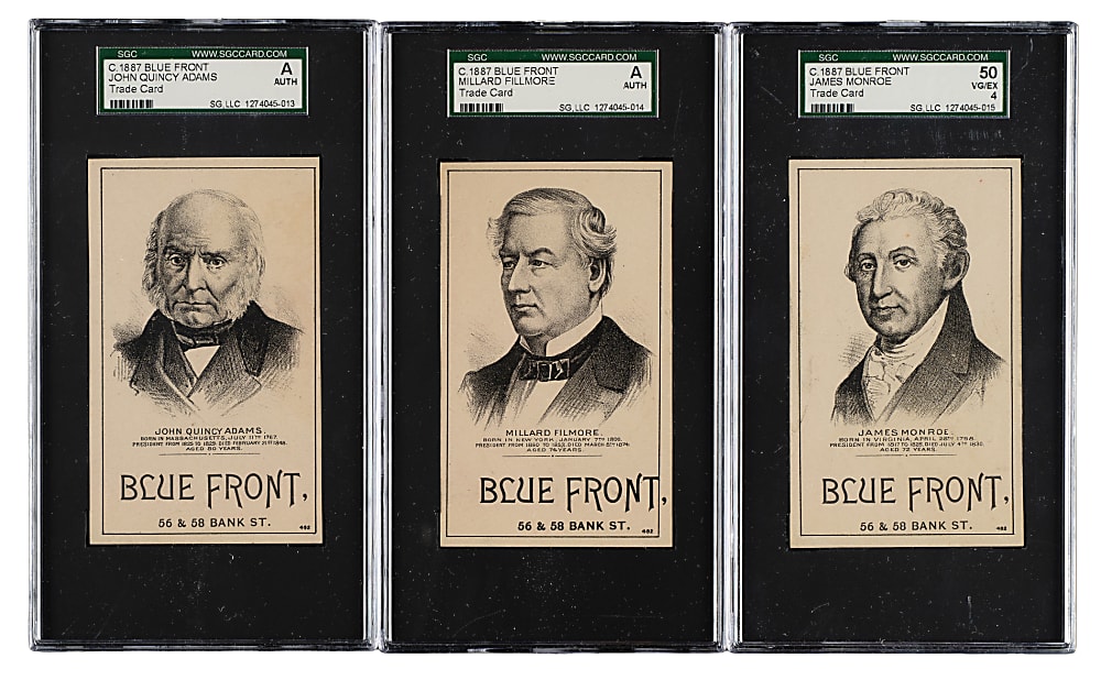 Circa 1887 Blue Front SGC-Graded Trio: John Quincy Adams, Millard Fillmore, and James Monroe