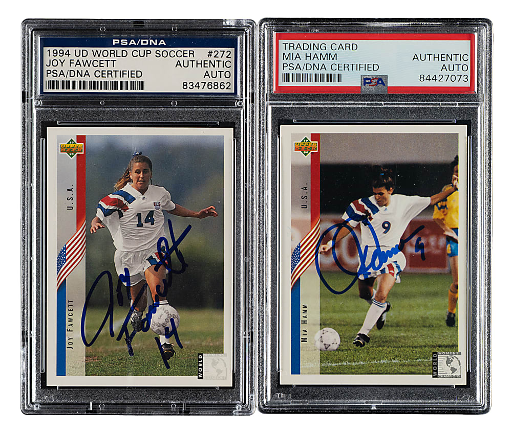Signed 1994 Upper Deck World Cup English/Spanish Soccer #268 Mia Hamm and #272 Joy Fawcett Pair - PSA/DNA