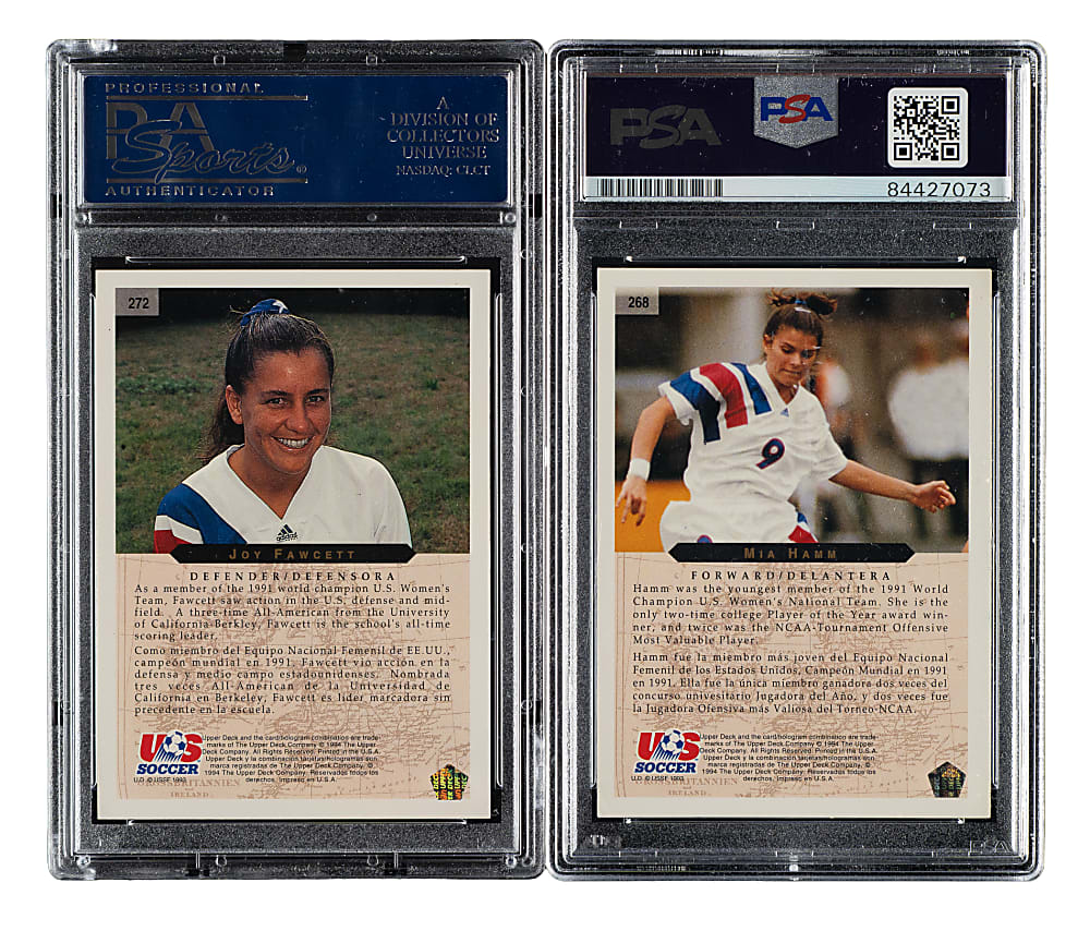 Signed 1994 Upper Deck World Cup English/Spanish Soccer #268 Mia Hamm and #272 Joy Fawcett Pair - PSA/DNA