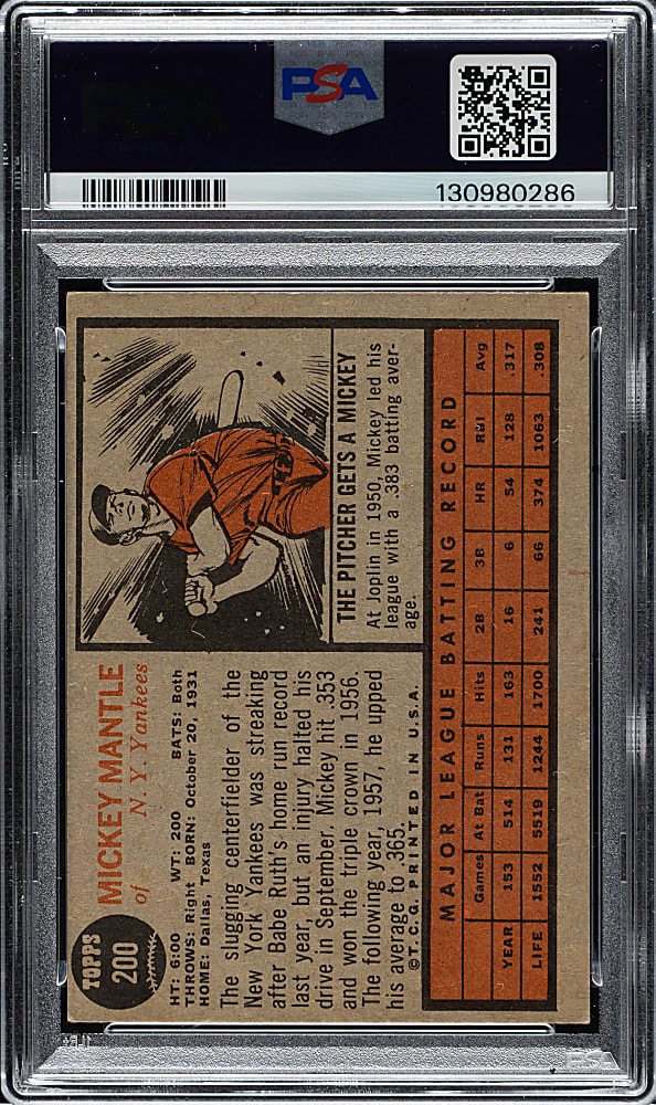 1962 Topps #200 Mickey Mantle PSA VG 3