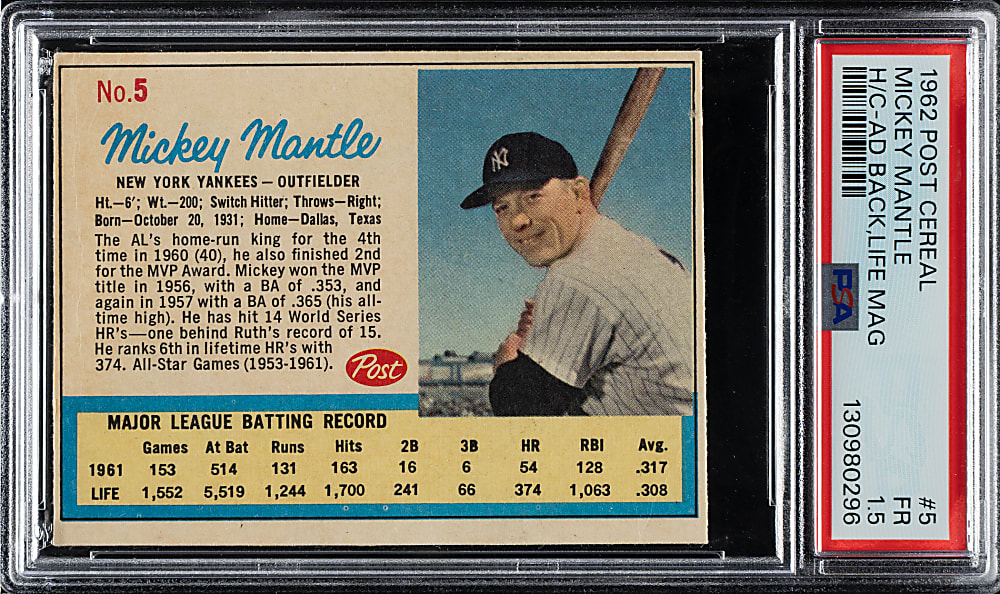 1962 Post Cereal #5 Mickey Mantle Ad Back PSA FAIR 1.5