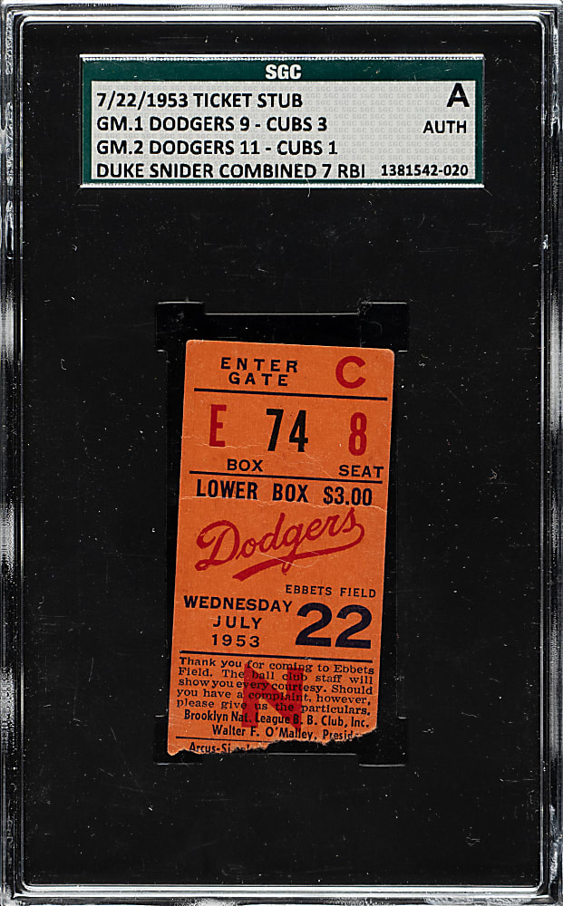 July 22, 1953 Brooklyn Dodgers (vs. Chicago Cubs) Ticket Stub SGC Authentic - Gil Hodges Home Runs