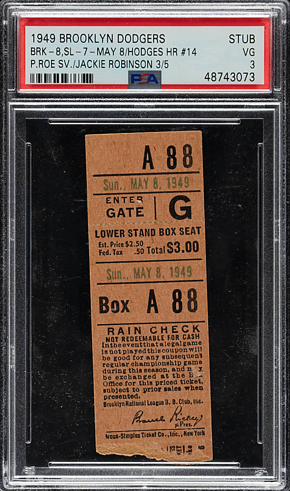 May 8, 1949 Brooklyn Dodgers (vs. St. Louis Cardinals) Ticket Stub PSA VG 3 - Gil Hodges Home Run and Jackie Robinson Three Hits