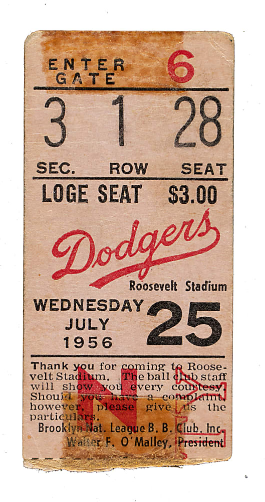 July 25, 1956 Brooklyn Dodgers (vs. Cincinnati Reds) Ticket Stub - Game Played in Jersey City - Duke Snider Walk-Off Home Run