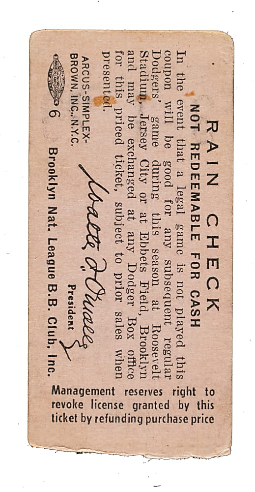 July 25, 1956 Brooklyn Dodgers (vs. Cincinnati Reds) Ticket Stub - Game Played in Jersey City - Duke Snider Walk-Off Home Run