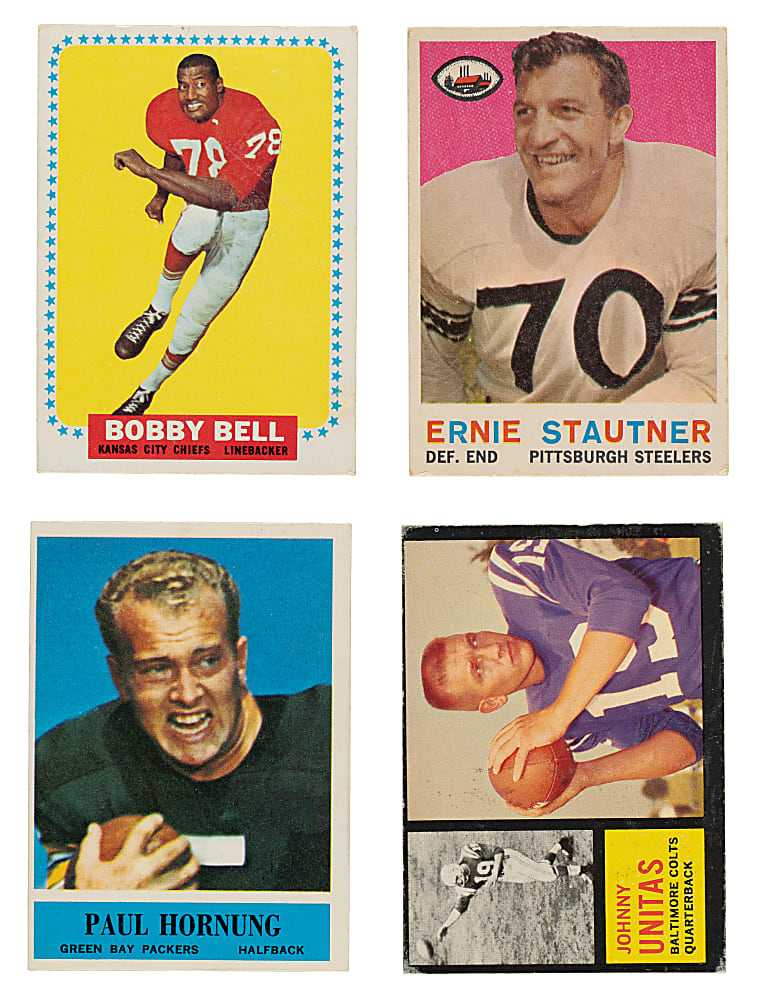 1958 to 1967 Topps, Fleer, and Philadelphia Football Collection (120) Bobby Bell Rookie, Johnny Unitas, and Paul Hornung