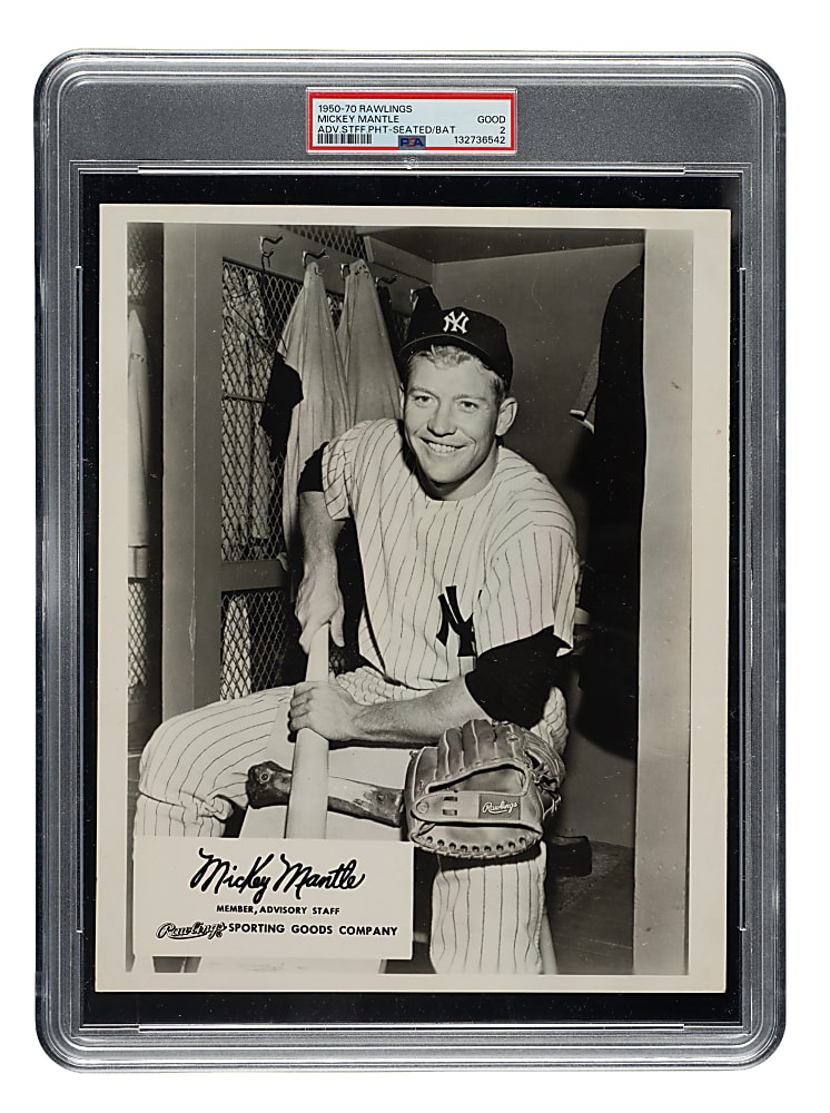 1950-1970 Rawlings Advisory Staff Mickey Mantle Seated with Bat PSA GOOD 2