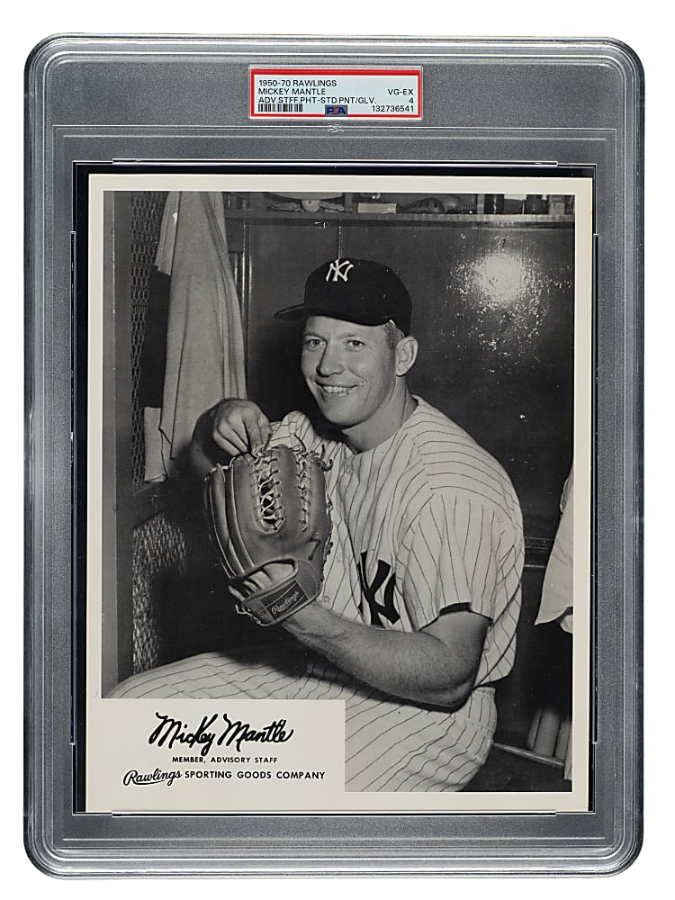 1950-1970 Rawlings Advisory Staff Mickey Mantle Seated with Glove PSA VG-EX 4