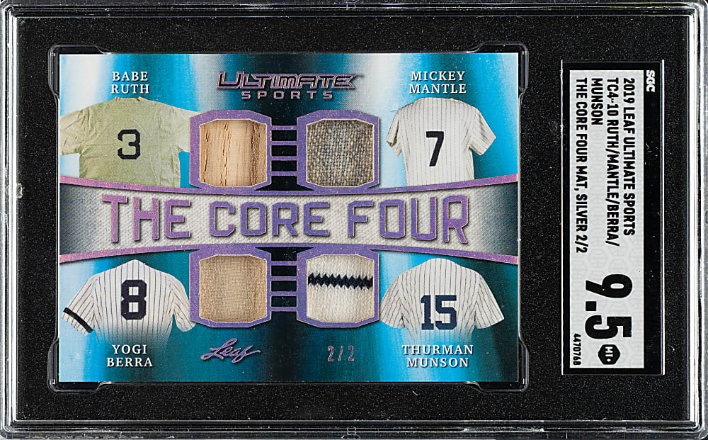 2019 Leaf Ultimate Sports The Core Four Relics #TC4-10 Babe Ruth/Mickey Mantle/Yogi Berra/Thurman Munson #2/2 SGC MINT+ 9.5