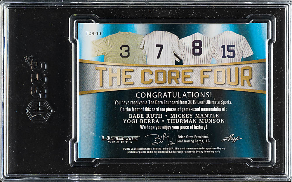 2019 Leaf Ultimate Sports The Core Four Relics #TC4-10 Babe Ruth/Mickey Mantle/Yogi Berra/Thurman Munson #2/2 SGC MINT+ 9.5