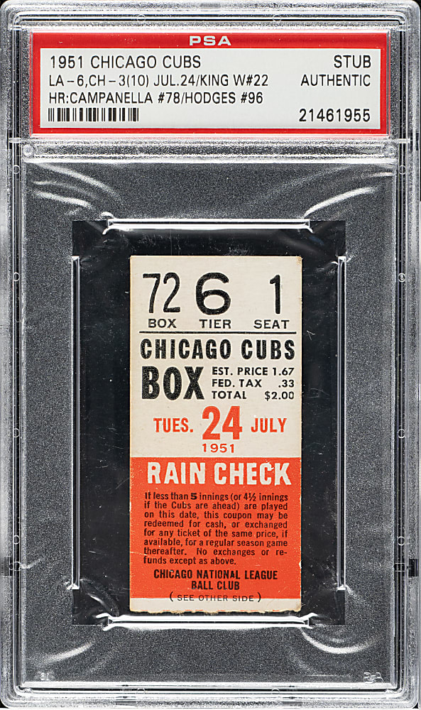 July 24, 1951 Chicago Cubs (vs. Brooklyn Dodgers) Ticket Stub PSA Authentic - Roy Campanella and Gil Hodges Home Runs