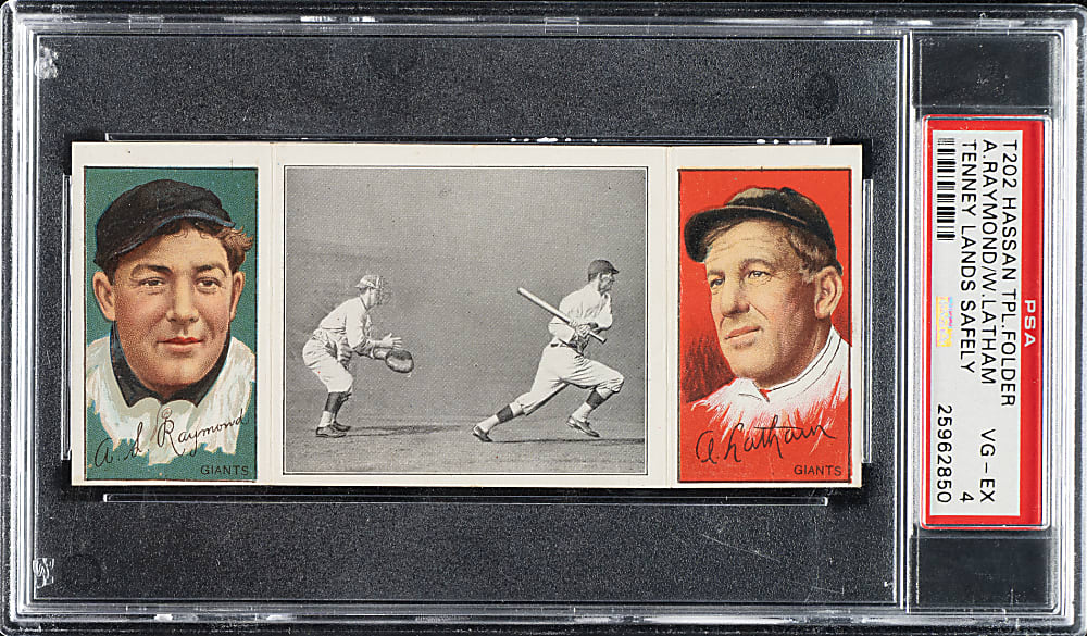 1912 T202 Hassan Triple Folder "Tenney Lands Safely" Raymond/Latham PSA VG-EX 4