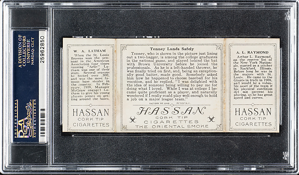 1912 T202 Hassan Triple Folder "Tenney Lands Safely" Raymond/Latham PSA VG-EX 4