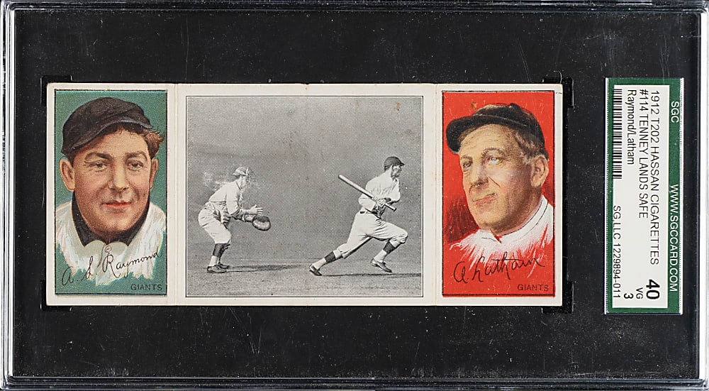 1912 T202 Hassan Triple Folder "Tenney Lands Safely" Raymond/Latham SGC VG 40