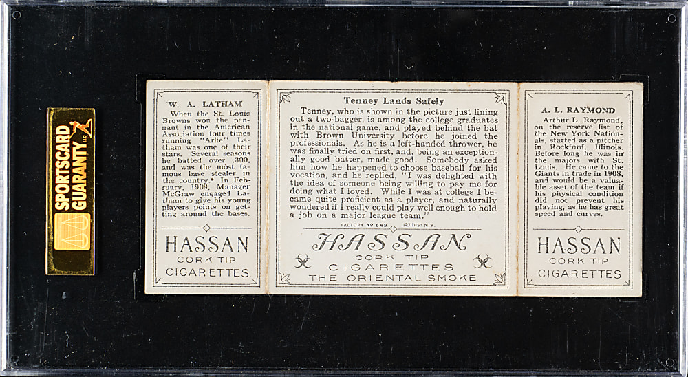 1912 T202 Hassan Triple Folder "Tenney Lands Safely" Raymond/Latham SGC VG 40