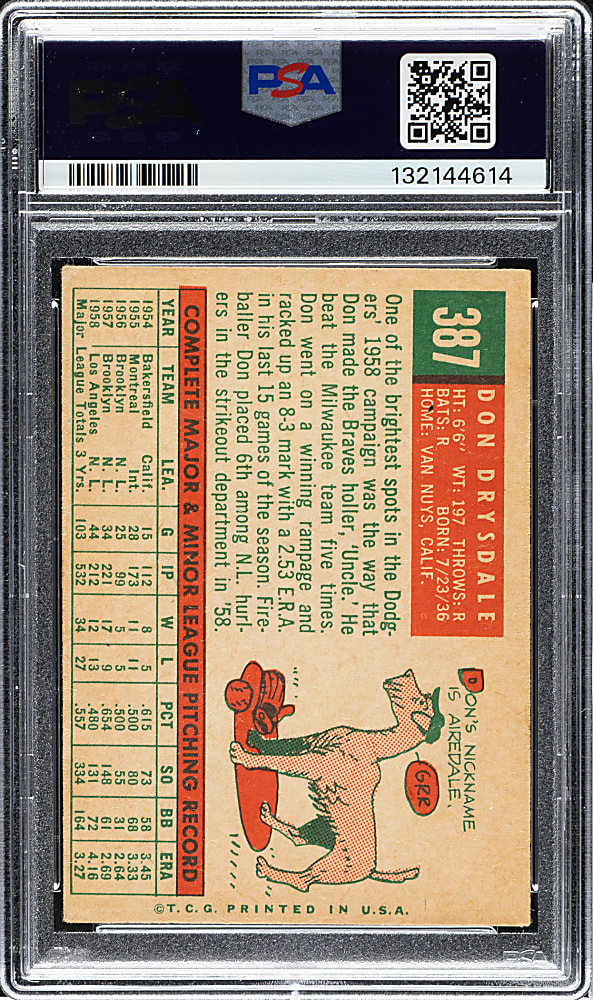 1959 Topps #387 Don Drysdale PSA VG-EX 4