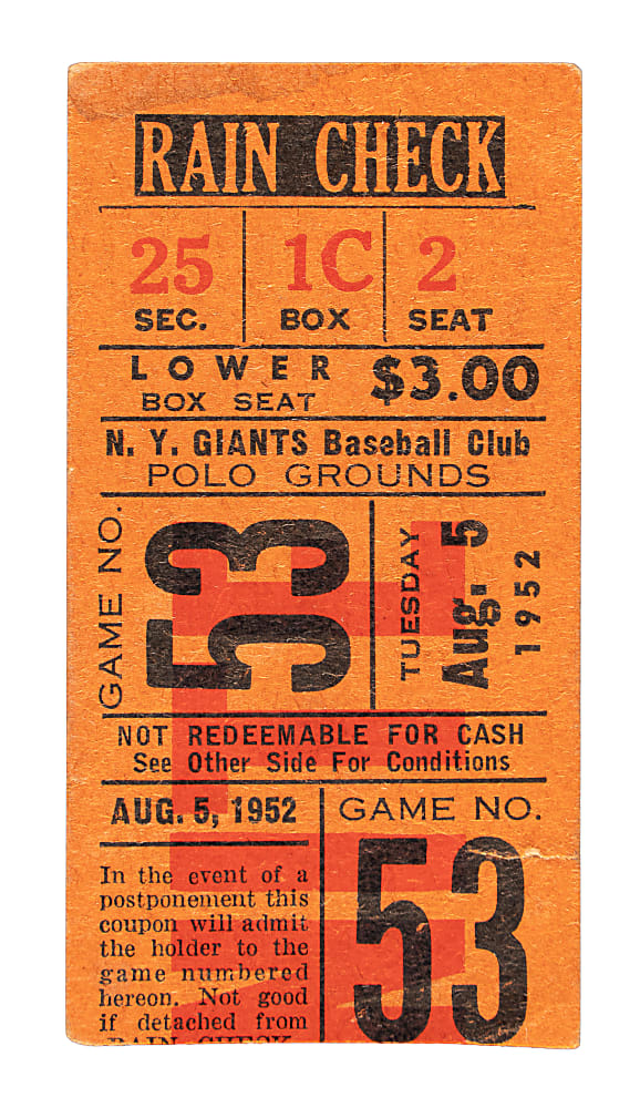 August 5, 1952 New York Giants (vs. Brooklyn Dodgers) Ticket Stub - Gil Hodges Grand Slam