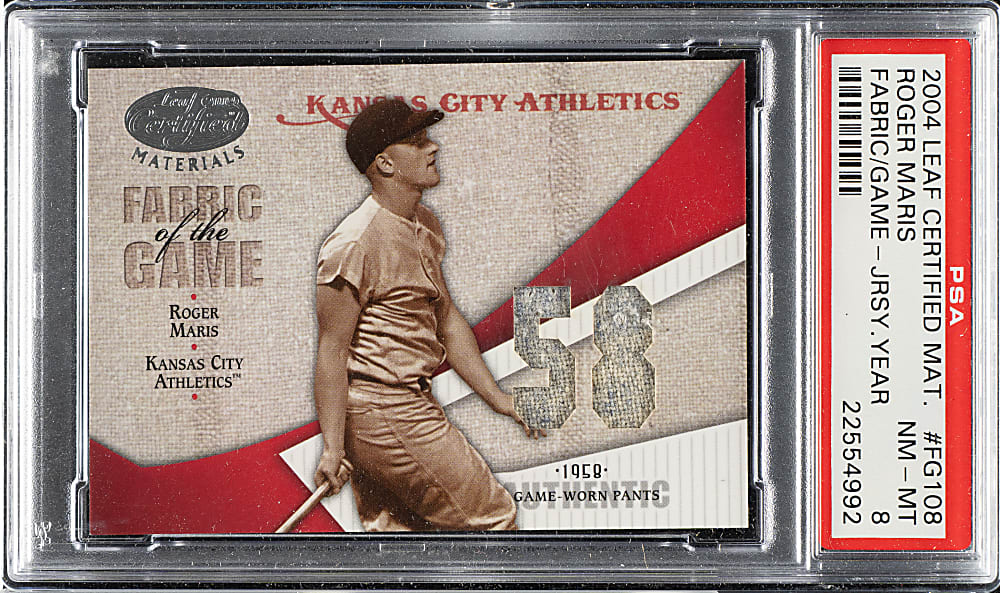 2004 Leaf Certified Materials Fabric of the Game Jersey Year #FG108 Roger Maris #28/58 PSA NM-MT 8