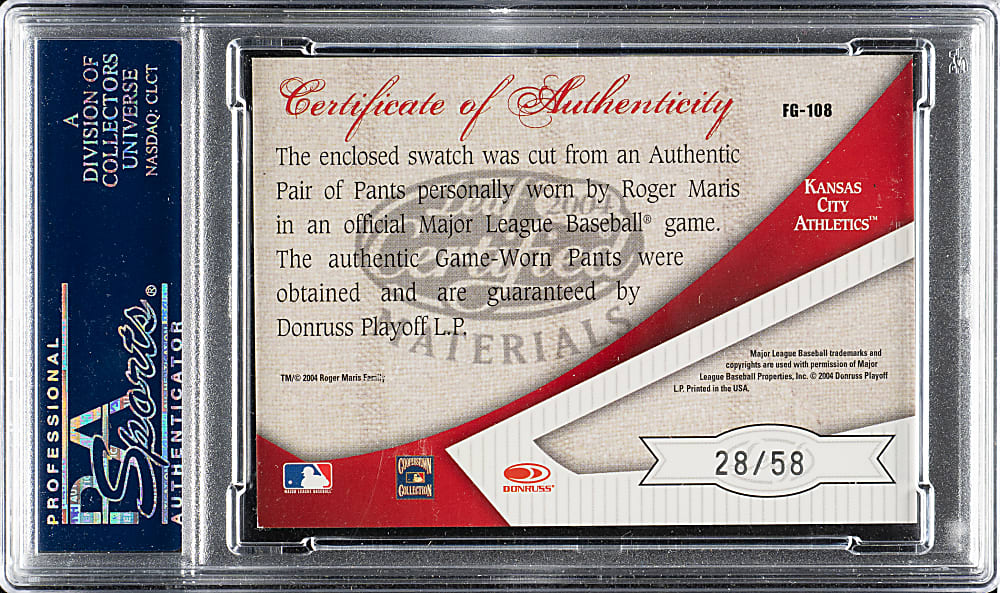 2004 Leaf Certified Materials Fabric of the Game Jersey Year #FG108 Roger Maris #28/58 PSA NM-MT 8