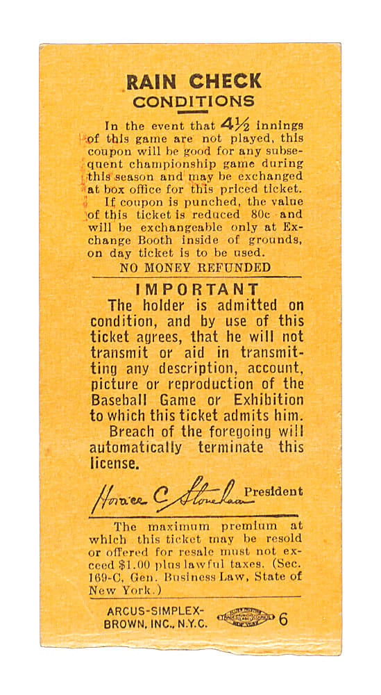 August 31, 1956 New York Giants (vs. Brooklyn Dodgers) Ticket Stub - Jackie Robinson Stolen Base and Willie Mays Home Run