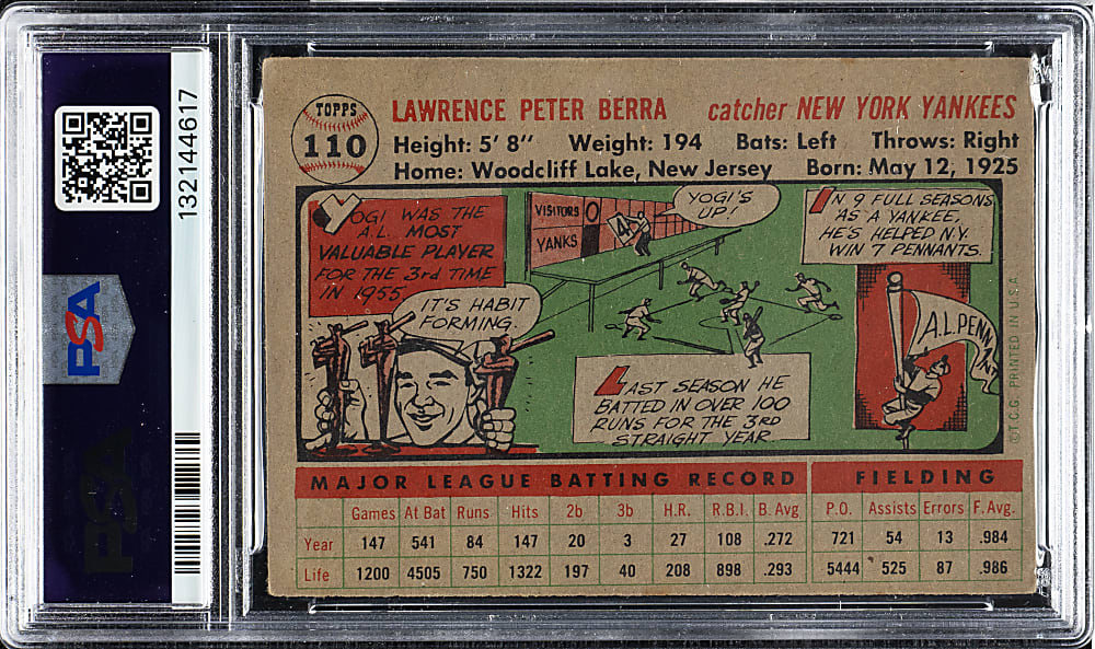 1956 Topps #110 Yogi Berra Gray Back PSA VG 3
