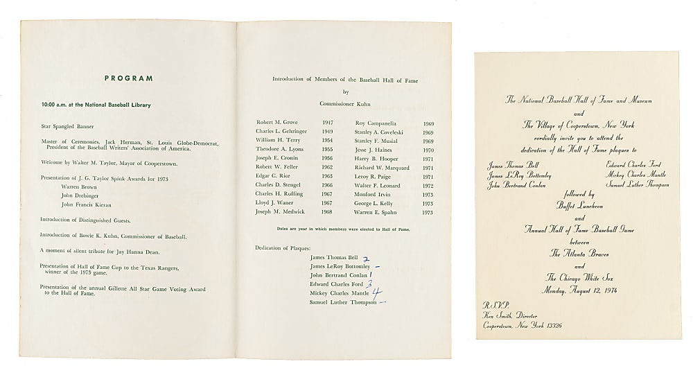 1974 Mickey Mantle Hall of Fame Induction Program Plus Hall of Fame Game Field Pass