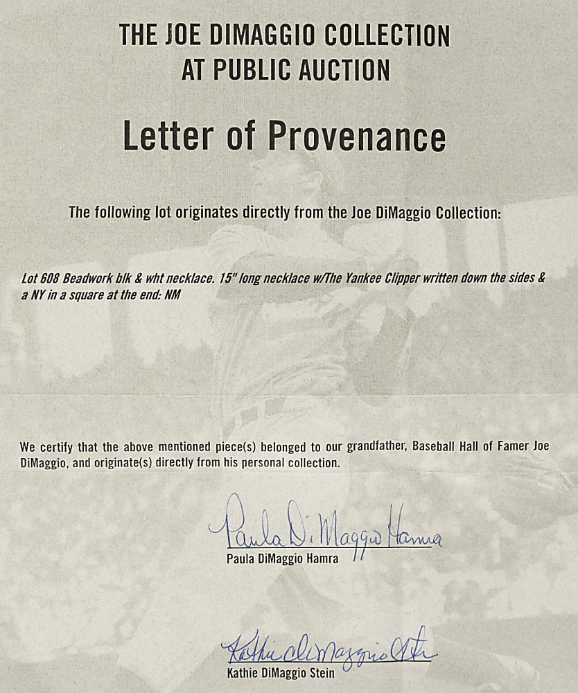 Joe DiMaggio's Personal Beaded Necklace with "The Yankee Clipper"