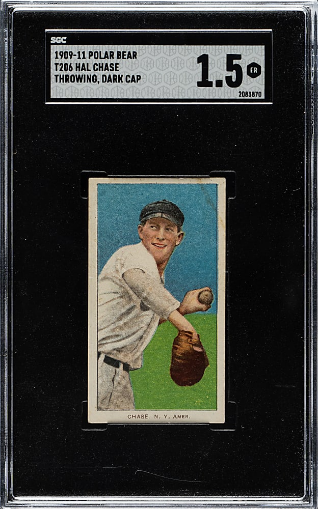1909-1911 T206 White Border Hal Chase Throwing Dark Cap SGC FAIR 1.5 - Polar Bear Back