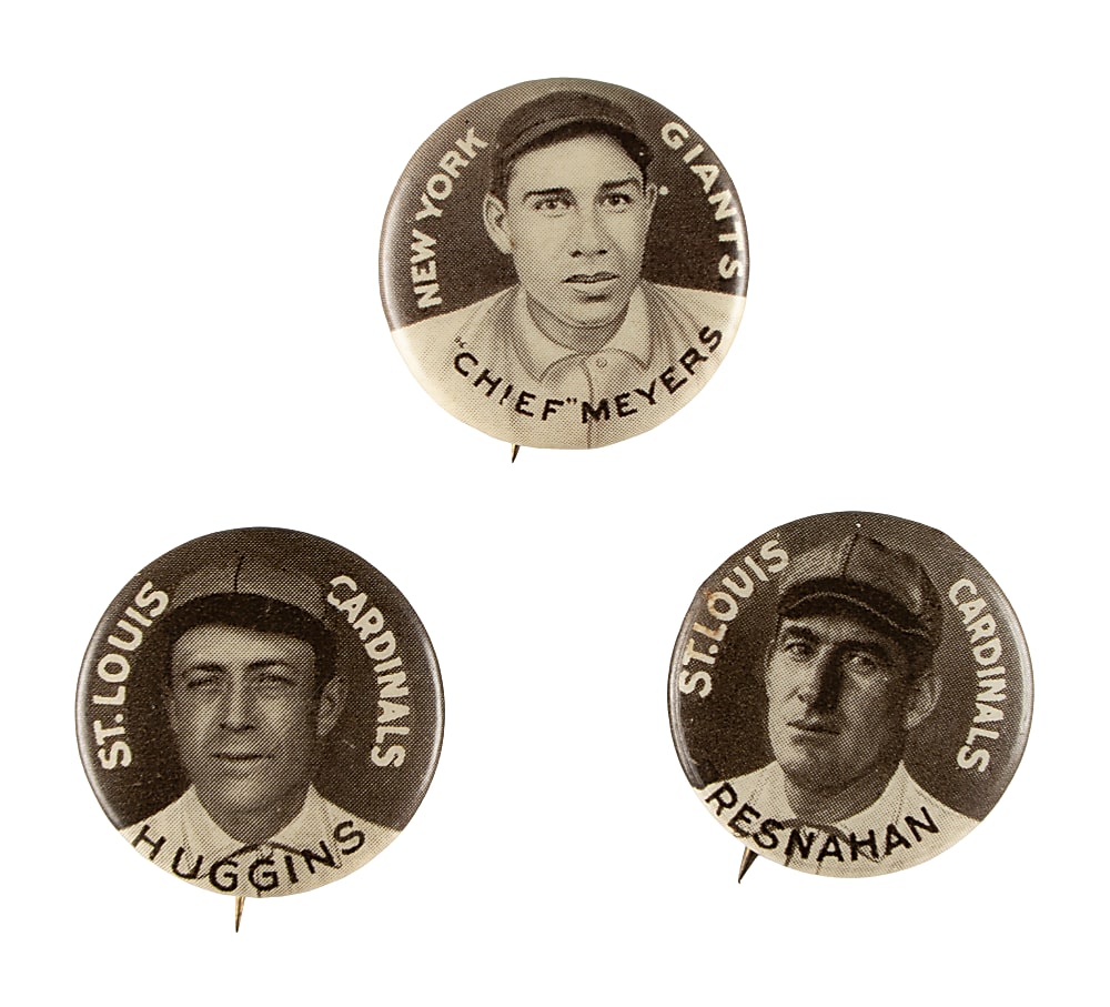 1910-1912 P2 Sweet Caporal Pins Trio: Miller Huggins, Roger Bresnahan, and Chief Meyers