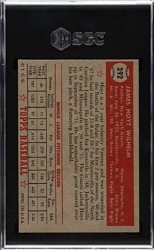 1952 Topps #392 Hoyt Wilhelm Rookie High Number SGC MINT 9 - 1 of 1 - Highest Graded!