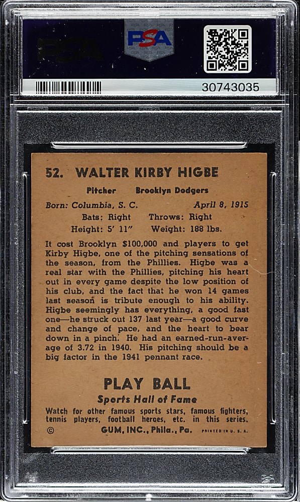 1941 R336 Play Ball #52 Walter Higbe PSA NM 7