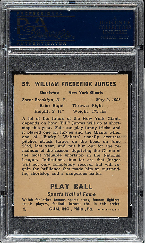 1941 R336 Play Ball #59 Bill Jurges PSA EX-MT 6