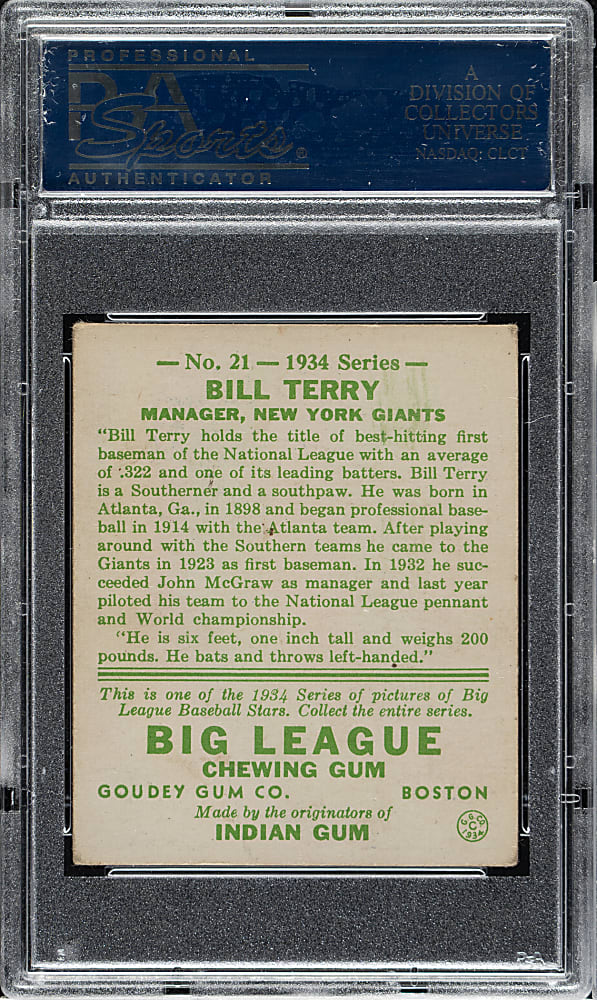 1934 R320 Goudey #21 Bill Terry PSA VG 3