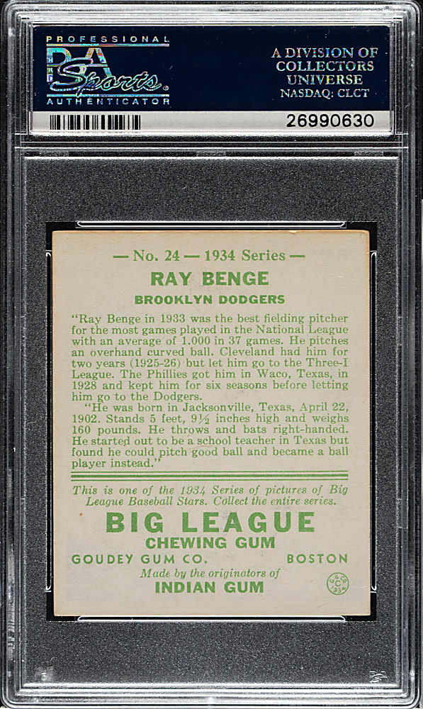 1934 R320 Goudey #24 Ray Benge PSA EX-MT 6