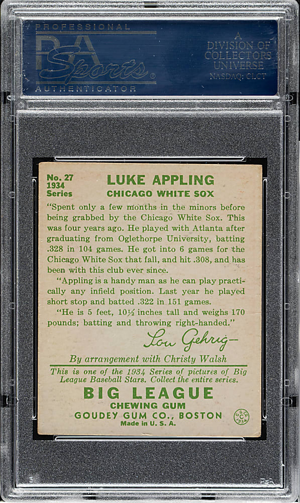 1934 R320 Goudey #27 Luke Appling PSA VG 3