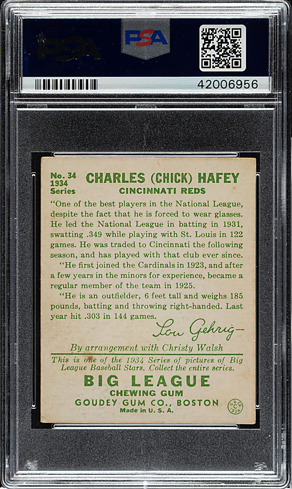 1934 R320 Goudey #34 Chick Hafey PSA EX 5
