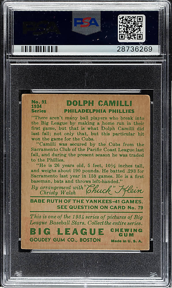 1934 R320 Goudey #91 Dolph Camilli PSA VG-EX 4