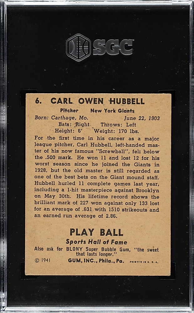 1941 R336 Play Ball #6 Carl Hubbell SGC VG+ 3.5