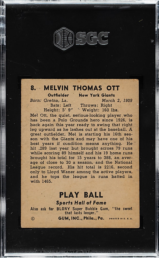 1941 R336 Play Ball #8 Mel Ott SGC VG/EX 4